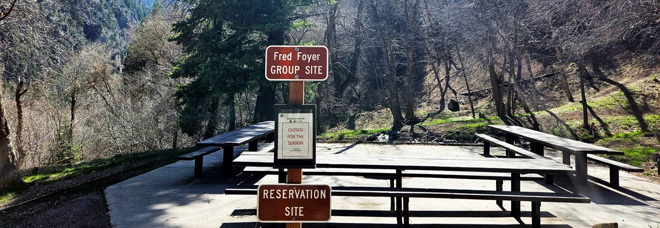 A group picnic site with signs posted about various rules to follow.