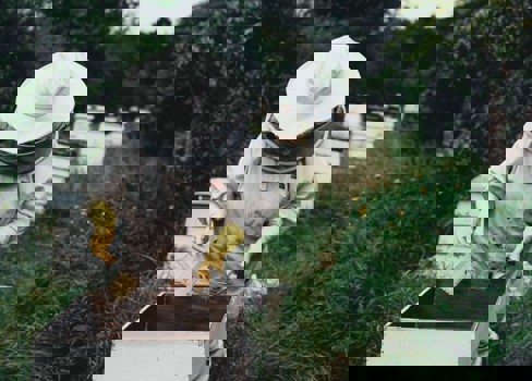 A person wearing a white protective gear.