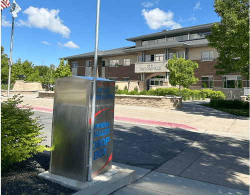 A trash can on the side of a road.