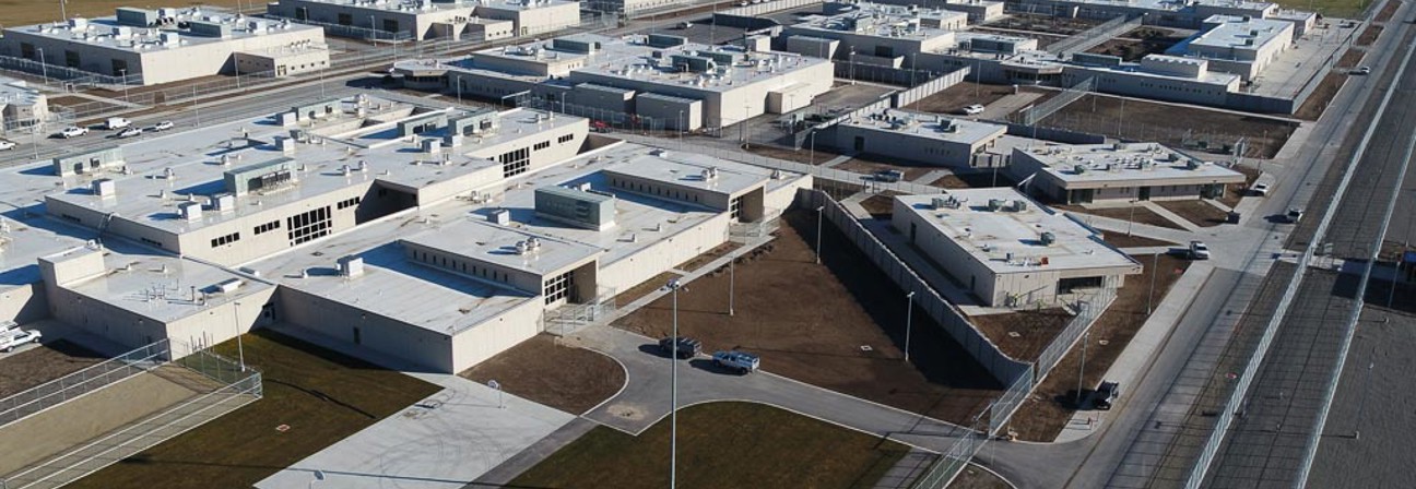 An aerial view of a large building.
