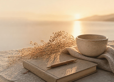A cup of coffee and a book on a beach.