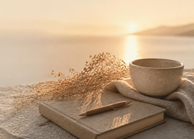 A cup of coffee and a book on a beach.