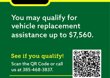 Vehicle failed emissions? You may qualify for vehicle replacement assistance up to $7,560. See if you qualify! Scan the QR Code or call us at 385-468-3837. SLCo.to/VRAP SALT LAKE