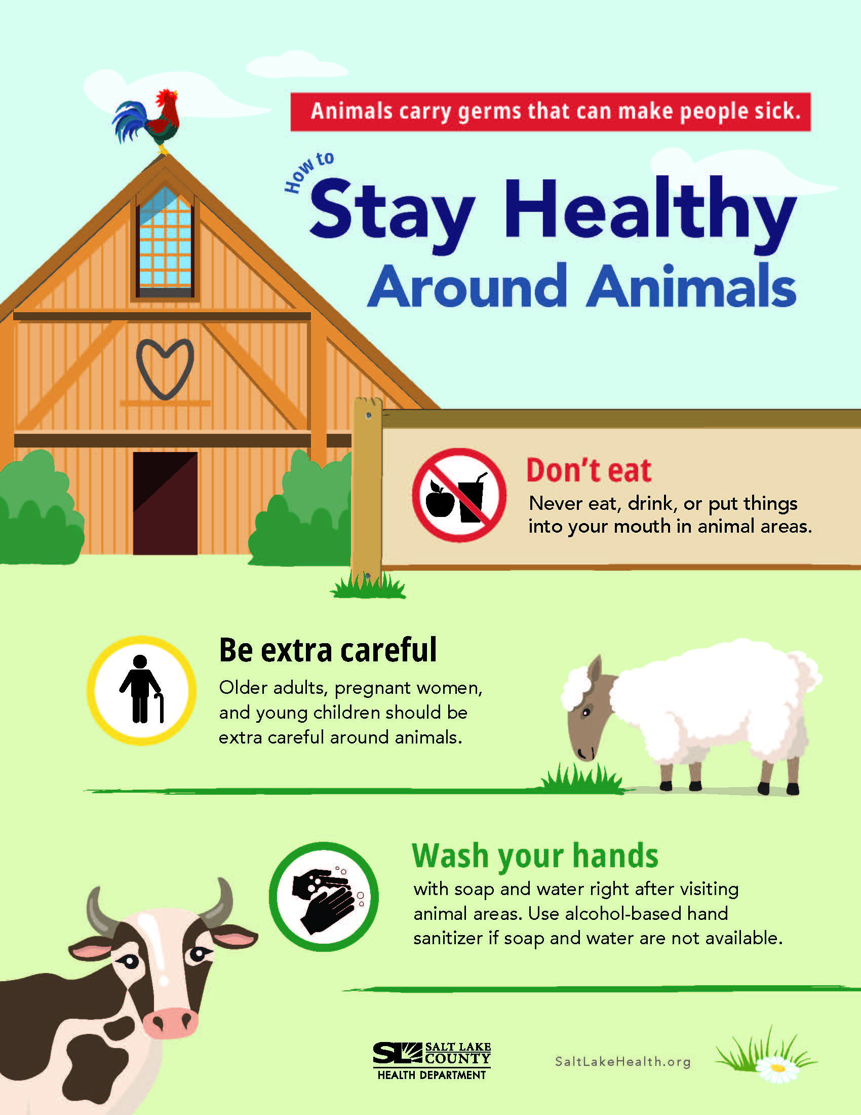 Animals carry germs that can make people sick. Stay Healthy Around Animals Don't eat Never eat, drink, or put things into your mouth in animal areas. Be extra careful Older adults, pregnant women, and young children should be extra careful around animals. Wash your hands with soap and water right after visiting animal areas. Use alcohol-based hand sanitizer if soap and water are not available. SALT LAKE 