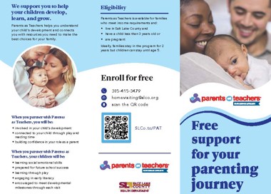 We support you to help your children &velop, learn, and grow. parents as Teac you choices for your na8d make ! h When you panner udth P as Teachers , yo u be: • in acted to our chid through play ræding time • conf danca in your roe as a When you partner u,3th Parents as Tach&s, be rnir,g soo m tn e 8 naiskills • pre* Ed for futuE • rnir,g t rmugh • ing in • encouæg8d to through e Eligibility as ble for familÉs ugho in:o and • in county an-d a child than 3 years old r. idea stay in the for 2 Enroll for free 385-415-3479 homevigiting@glco.org scen the code SLCo_to/PAT pannD o bachem• paænts 0 teachers Free support for your parenting journey