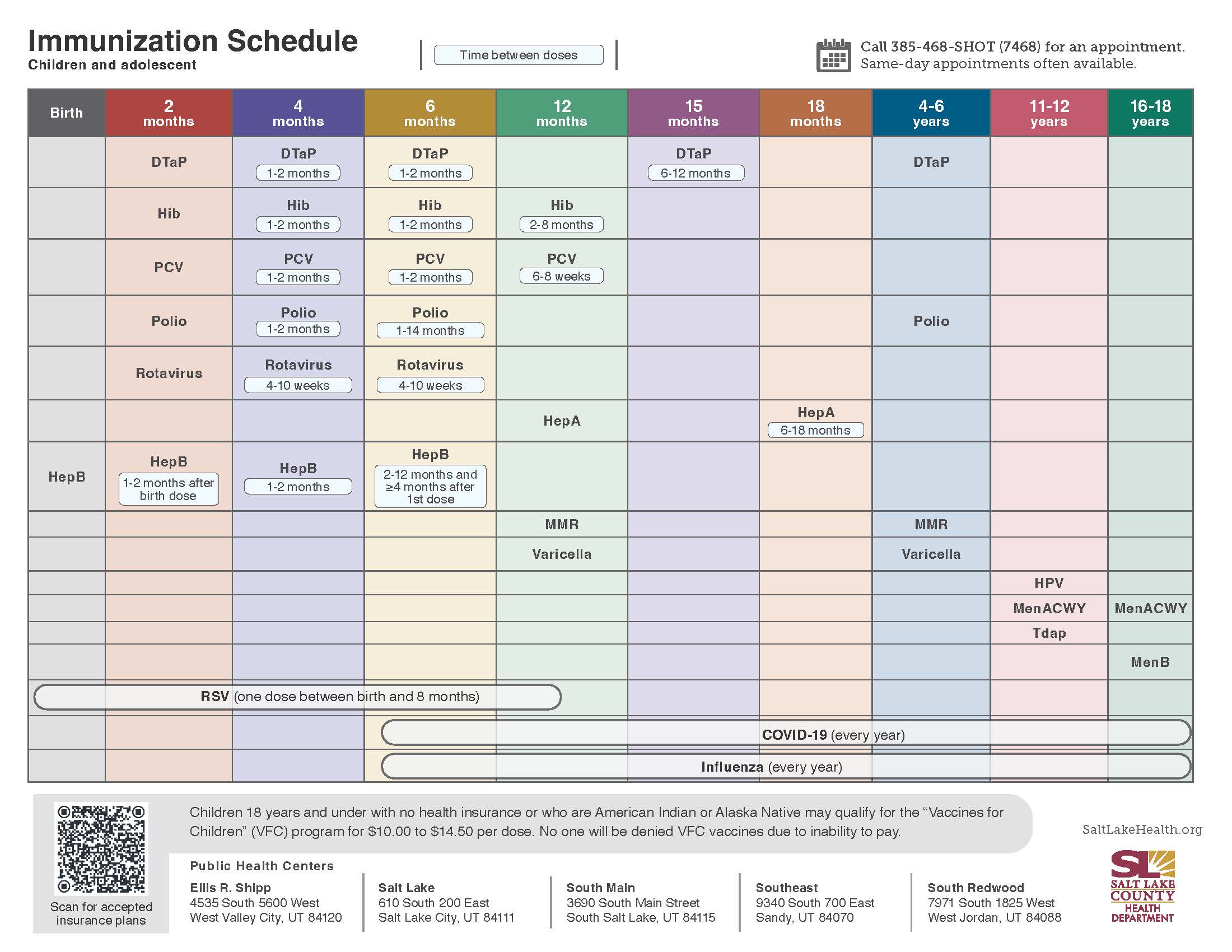 Immunization Schedule Children and adolescent Time between doses months Call 385-468-SHOT (7468) for an appointment. Same-day appointments often available. Birth HepB months DTaP Hib PCV Polio Rotavirus HepB 1-2 months after birth dose months DTaP 1-2 months Hib 1-2 months PCV 1-2 months Polio 1-2 months Rotavirus 4-10 weeks Hepa 1-2 months months DTaP 1-2 months Hib 1-2 months PCV 1-2 months Polio 1-14 months Rotavirus 4-10 weeks HepB 2-12 months and 24 months after 1st dose months DTaP 6-12 months Hib 2-8 months PCV 6-8 weeks HepA MMR Varicella months HepA 6-18 months years DTaP Polio MMR Varicella years HPV MenACWY Tdap 16-18 years MenACWY MenB RSV (one dose between birth and 8 months) COVID-19 (every year) Influenza (every year) Children 18 years and under with no health insurance or who are American Indian or Alaska Native may qualify for the 