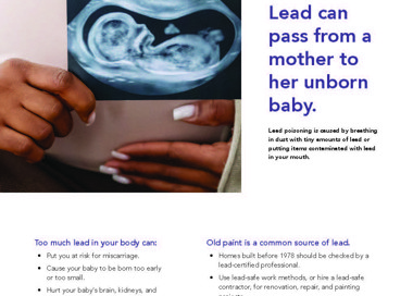 Too much lead in your body can: Put you at risk for miscarriage • Cause your baby to be born too early or too small • Hurt. your baby's brain, kidneys, and nervous system. • Cause your child to have learning or behavior problems. Lead Poisoning in Pregnancy Lead can pass from a mother to her unborn baby. Leed poisoning i' —used by breething in diÆt with tiny amounts of ieed or putting iterns contemineted with leed in your mouth. Old paint is a common source of lead. • Homes built before 1978 should be checked by a lead-certified professional • Use lead-safe work methods, or hire a lead-safe contractor, for renovation, repair, and painting projects Keep paint in good condition; paint over flaking or crumbling paint. IS your family at risk for lead poisoning?