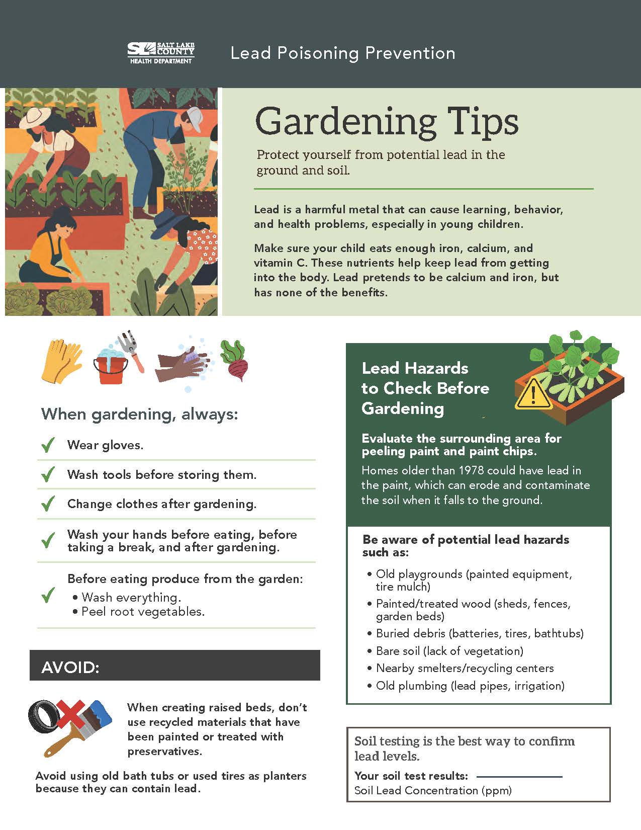 SALT LhKB HEALTH DEPARTMENT Lead Poisoning Prevention Gardening Tips Protect yourself from potential lead in the ground and soil. Lead is a harmful metal that can cause learning, behavior, and health problems, especially in young children. Make sure your child eats enough iron, calcium, and vitamin C. These nutrients help keep lead from getting into the body. Lead pretends to be calcium and iron, but has none of the benefits. When gardening, always: Wear gloves. Wash tools before storing them. Change clothes after gardening. Wash your hands before eating, before taking a break, and after gardening. Before eating produce from the garden: • Wash everything. • Peel root vegetables. AVOID: When creating raised beds, don't use recycled materials that have been painted or treated with preservatives. Avoid using old bath tubs or used tires as planters because they can contain lead. Lead Hazards to Check Before Gardening Evaluate the surrounding area for peeling paint and paint chips. Homes older than 1978 could have lead in the paint, which can erode and contaminate the soil when it falls to the ground. Be aware of potential lead hazards such as: • Old playgrounds (painted equipment, tire mulch) • Painted/treated wood (sheds, fences, garden beds) • Buried debris (batteries, tires, bathtubs) • Bare soil (lack of vegetation) • Nearby smelters/recycling centers • Old plumbing (lead pipes, irrigation) Soil testing is the best way to confirm lead levels. Your soil test results: Soil Lead Concentration (ppm)