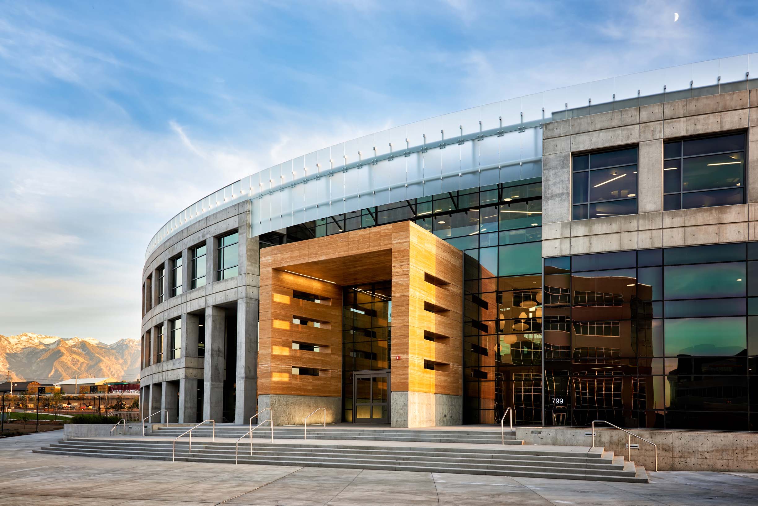 A building with glass windows.
