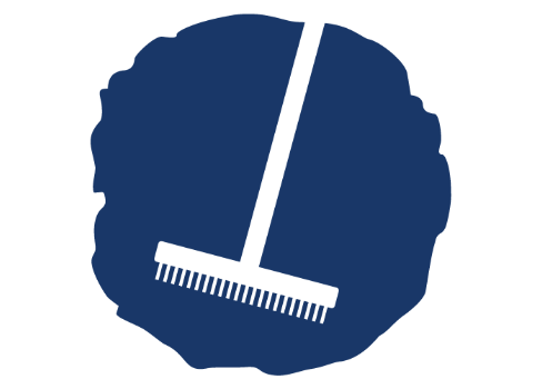 A dark blue circle with a white broom in the middle.