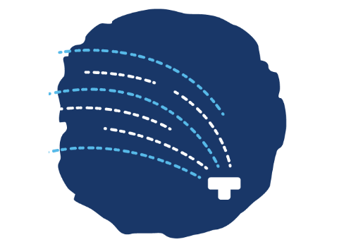 A dark blue circle background with a white sprinkler in the middle spraying water.