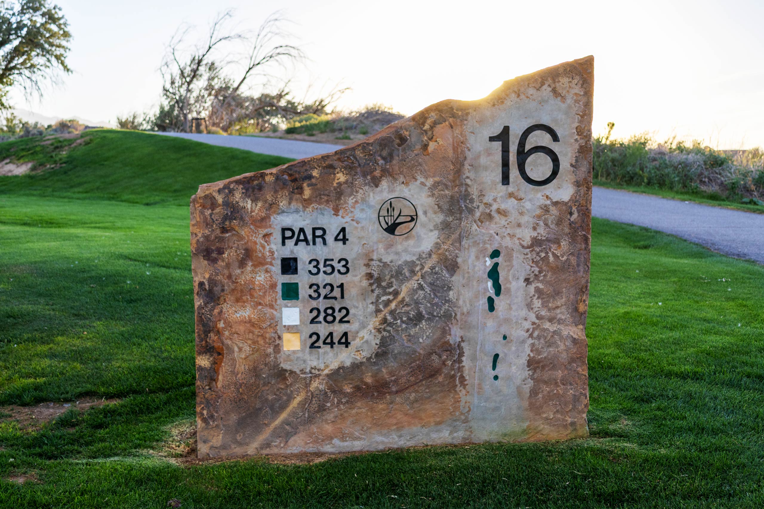 A stone sign of hole 16 at Riverbend Golf Course in Riverton, Utah.