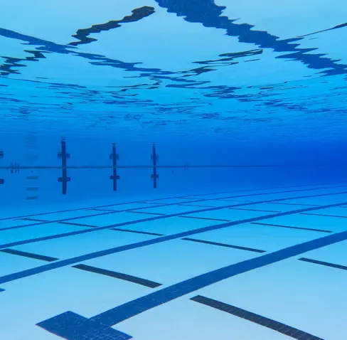 Underwater view of the lap lanes at South County Outdoor Pool in Riverton, Utah.